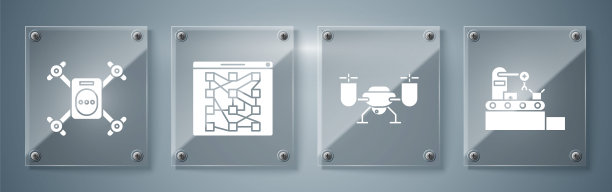 集工厂输送系统皮带，无人机运动摄像头飞行，全球科技或社交网络，无人机运动摄像头飞行。方形玻璃面板。向量图片下载