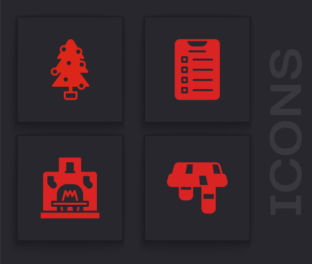 设置冬季围巾，圣诞树，新年目标清单和室内壁炉图标。向量图片下载