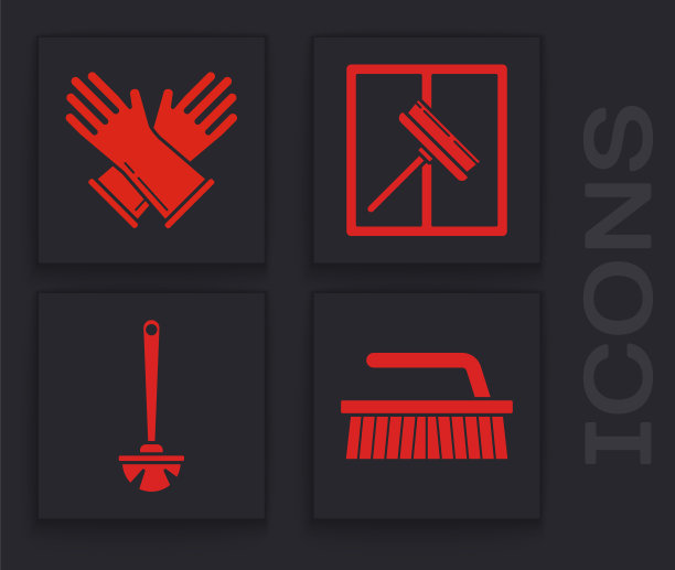 设置清洁刷，橡胶手套，刮刀，刮刀和马桶刷图标。向量图片下载