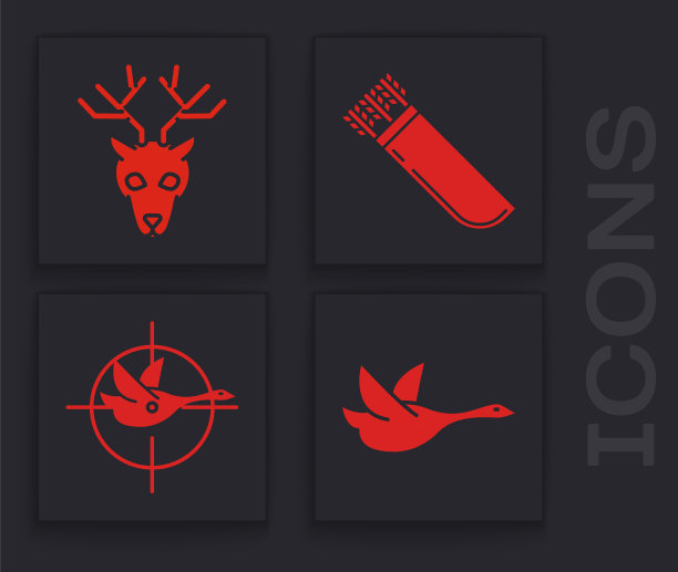 集飞鸭，鹿角头，箭筒和狩猎鸭与准星图标。向量图片下载
