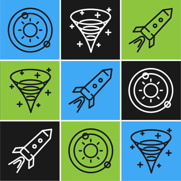 设置线太阳系，火箭船与火和黑洞图标。向量图片下载