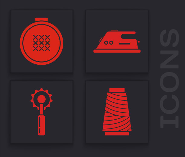 在线轴上设置缝纫线，圆形可调刺绣箍，电熨斗和刀具图标。向量图片下载