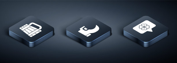 设置等距木制啤酒杯，四叶草在讲话泡沫和传统的妖精靴子图标。向量图片下载