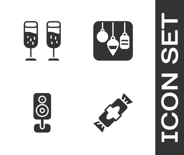 设置糖果，香槟杯，立体声扬声器和圣诞灯图标。向量图片下载