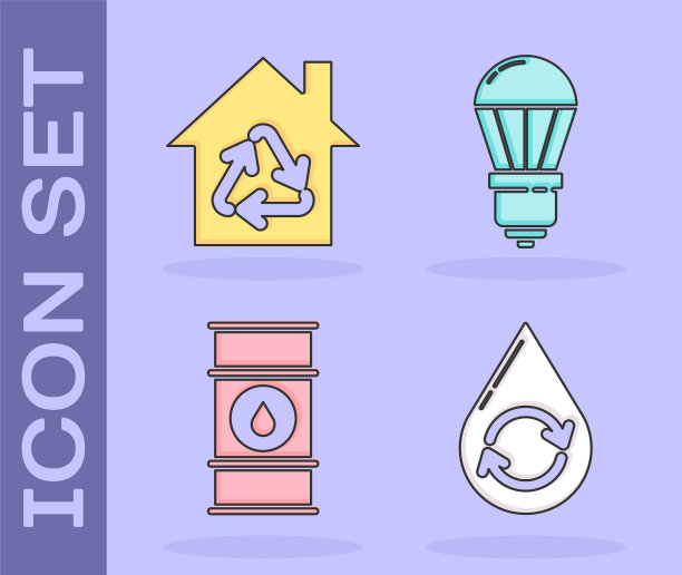 设置回收清洁水，生态屋回收符号，油桶线和LED灯泡图标。向量图片下载