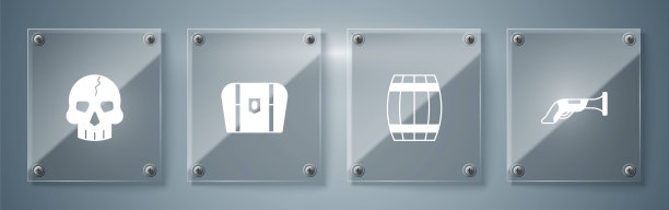 设置古董手枪，木桶，古董宝箱和头骨。方形玻璃面板。向量图片下载