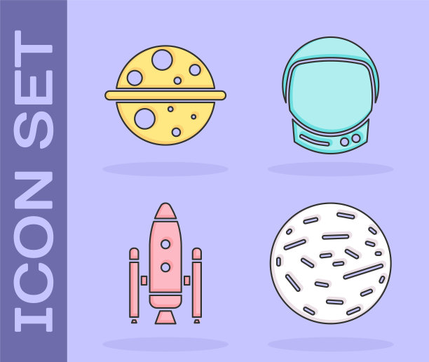 设置行星金星，行星土星，航天飞机和火箭和宇航员头盔图标。向量图片下载