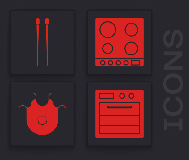 设置烤箱，食物筷子，煤气炉和厨房围裙图标。向量图片下载
