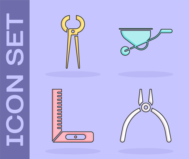 设置钳子工具，钳子和钳子，角尺和手推车图标。向量图片下载