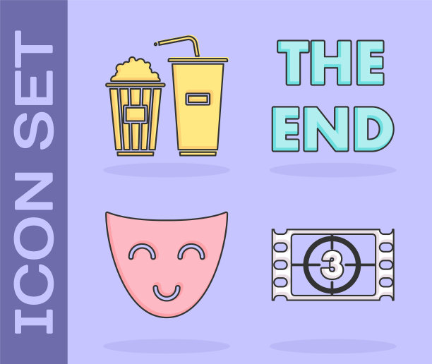 集播放视频，爆米花和汽水饮料玻璃，喜剧戏剧面具和手写铭文图标结束。向量图片下载