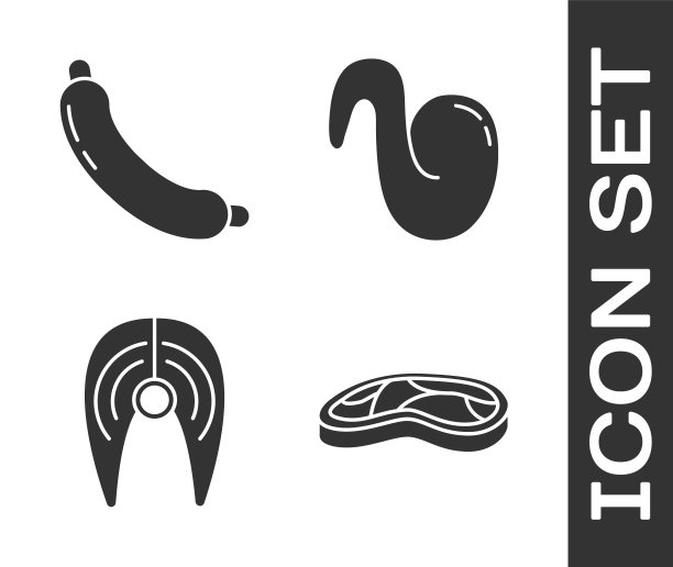 集牛排肉，香肠，鱼牛排和炸鸡翅图标。向量图片下载