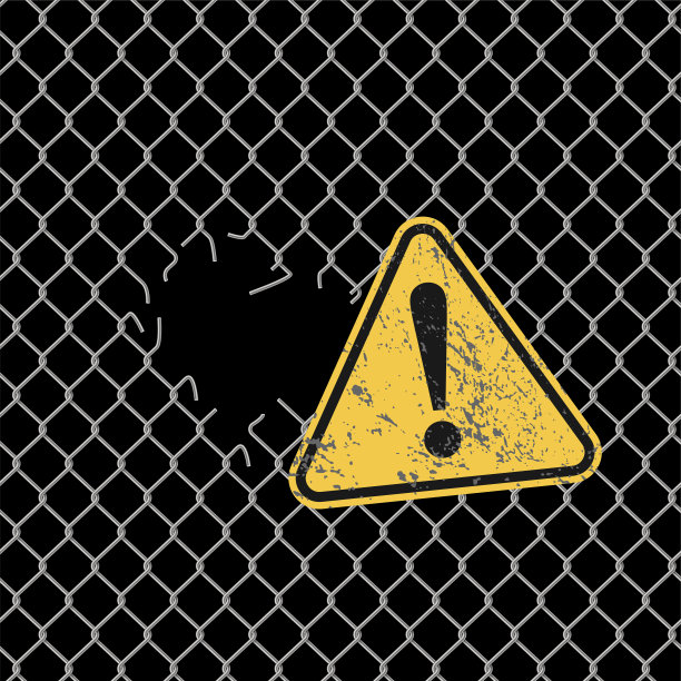 警示牌上的安全撕裂金属网铁链围栏矢量插图。生物感染、病毒流行风险区域、危险工业区三维逼真防护边界图片下载