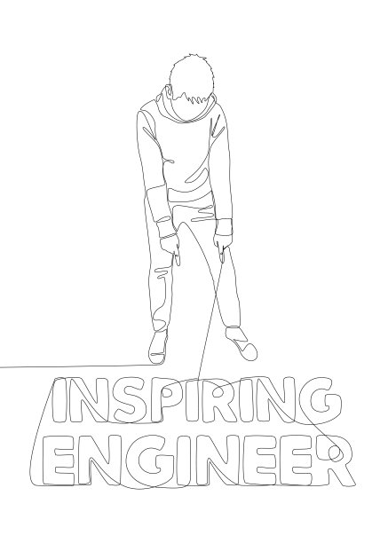 一个连续的人用手指指向激励工程师词。细线插图矢量概念。轮廓图创意。图片下载