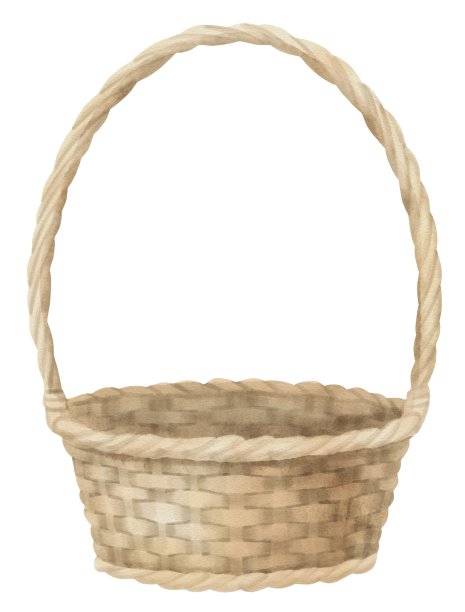 野餐用柳条圆篮。手绘水彩画的空传统容器孤立的背景。绘制的复古乡村篮子。传统对象为花卉食品图片下载