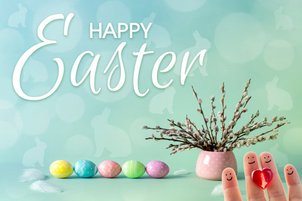 复活节快乐——柳絮，复活节彩蛋和幸福的手指家庭图片下载