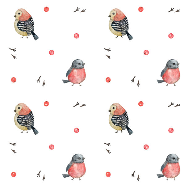 无缝手绘水彩图案与啄木鸟，簇山雀，红腹灰雀和鸣鸟。可爱的红色、蓝色、棕色的小鸟和浆果。鸟的踪迹。壁纸，明信片，儿童纺织品图片下载