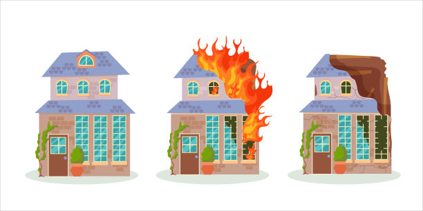 火灾或地震后被摧毁的建筑物。战后被毁的城市建筑。残破的城市，破旧不堪的房屋。矢量插图隔离在白色背景上。图片下载