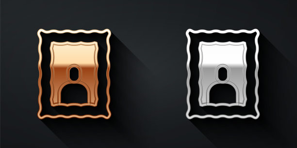 金色和银色相框上的表图标隔离在黑色背景。情人节的标志。长阴影风格。向量图片下载