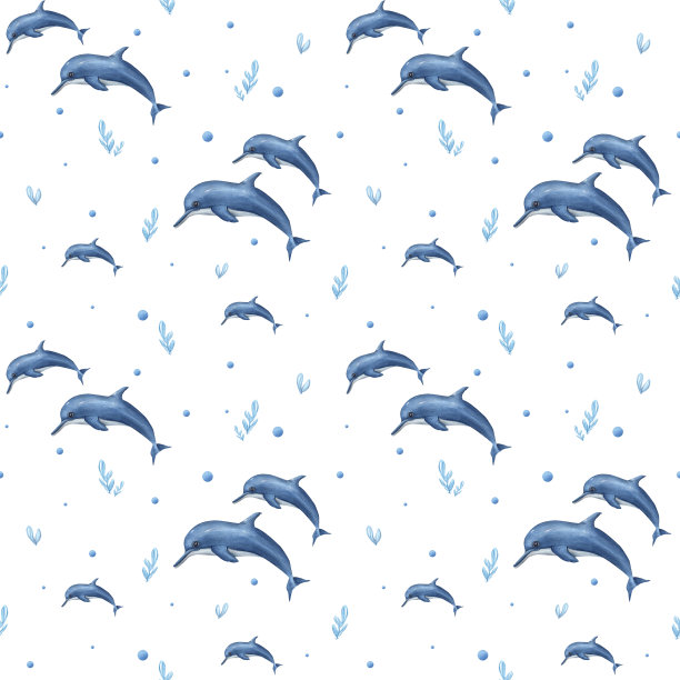 水彩水下无缝模式卡通海豚孤立在白色背景。水生插图儿童房间装饰，儿童印刷，海报，墙纸，包装图片下载