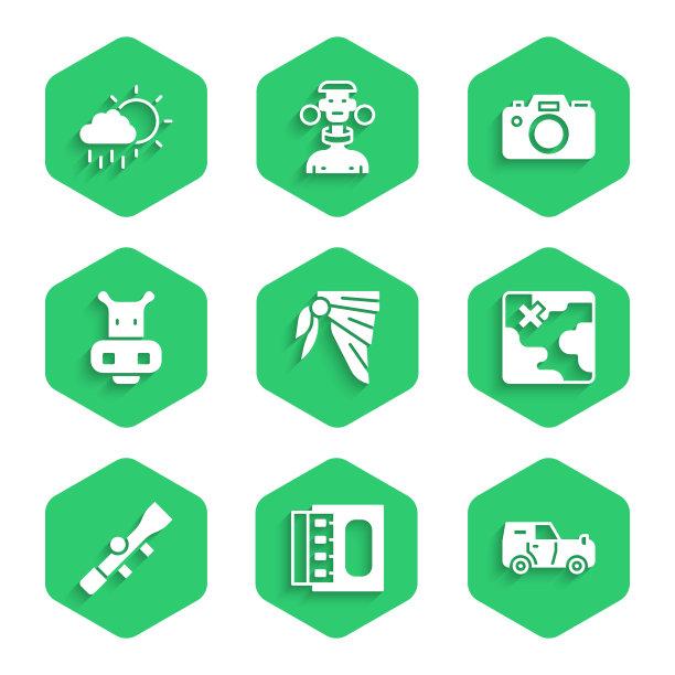 集大手帕或机车围巾，火柴盒火柴，越野，非洲狩猎地图，狙击光学瞄准具，河马河马，照片相机和云与雨图标。向量图片下载