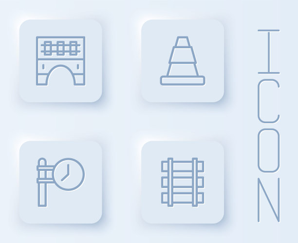 设置线桥为火车，交通锥，火车站时钟和铁路，铁路轨道。白色方形按钮。向量图片下载