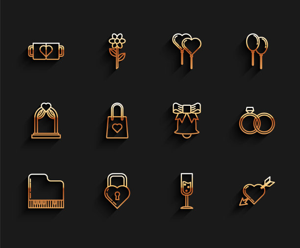 设线三角钢琴，心形城堡，两个咖啡杯，玻璃香槟，爱情符号与箭头，购物袋，结婚戒指和铃声图标。向量图片下载