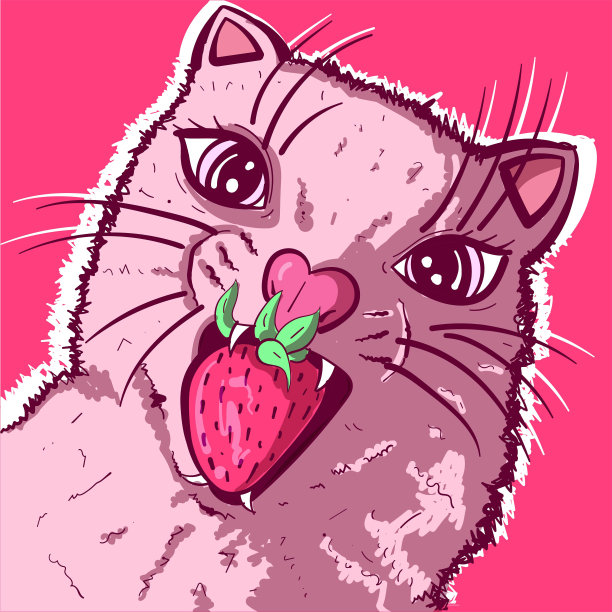 长着小耳朵的粉红色啮齿动物正在吃草莓。可爱的雪貂，心形鼻子，牙齿间衔着水果。长着大眼睛的卡通人物。图片下载
