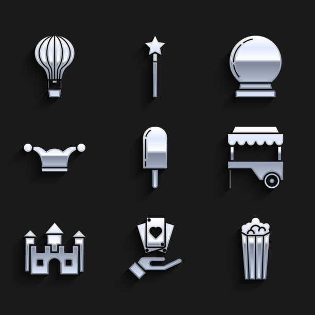 套装冰淇淋，手握扑克牌，爆米花纸板箱，带遮阳篷的快速街头食品车，城堡，小丑帽子铃铛，魔术球和热气球图标。向量图片下载