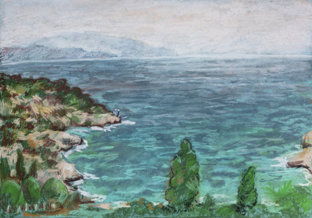 在多云的天气里，用蜡笔绘制的土耳其海景俯瞰着大山。插图图片下载