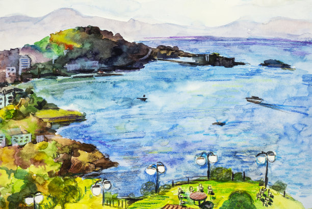 手绘水彩插图的海景视图库萨达西在土耳其从酒店图片下载