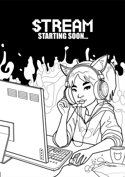 亚洲女孩游戏玩家或带猫耳朵耳机坐在电脑前。图片下载