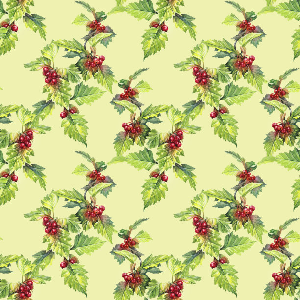 无缝模式与水彩山楂在绿色背景。手绘红浆果卡片或邀请。植物艺术速写本。健康的水果食品。茶或烹饪书。壁纸或包装图片下载