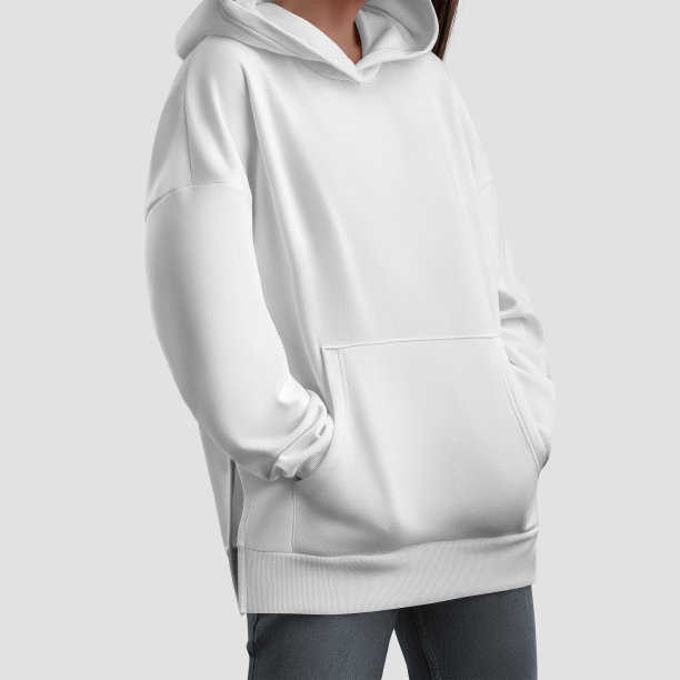 白色长卫衣的模型在女孩的手在口袋里，超大的衬衫，女人的长袖与侧缝，为设计，品牌。图片下载