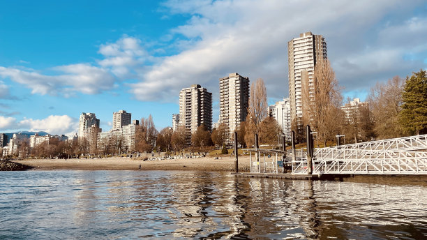 日落海滩看佛斯溪温哥华在一个阳光灿烂的日子从格兰维尔岛看洛基在后面图片下载