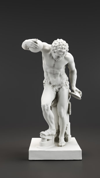 一个小雕像描绘了一个演奏铙钹的农牧之神。18世纪的古典美术。三维渲染图片下载