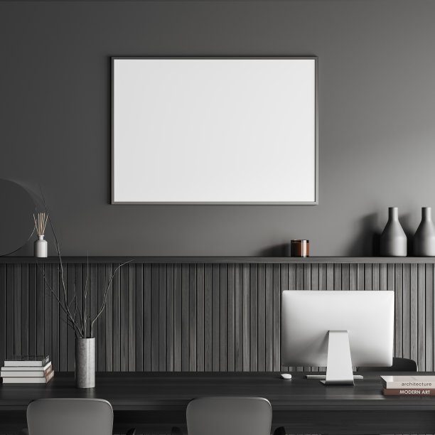 灰色的商务室内部有桌子和电脑。模型框架图片下载