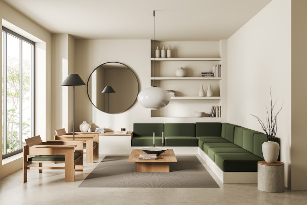 明亮的客厅内部有沙发和座椅，带窗户的架子图片下载