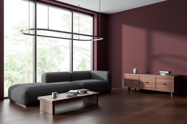 暗红色的客厅角落里有沙发和橱柜图片下载