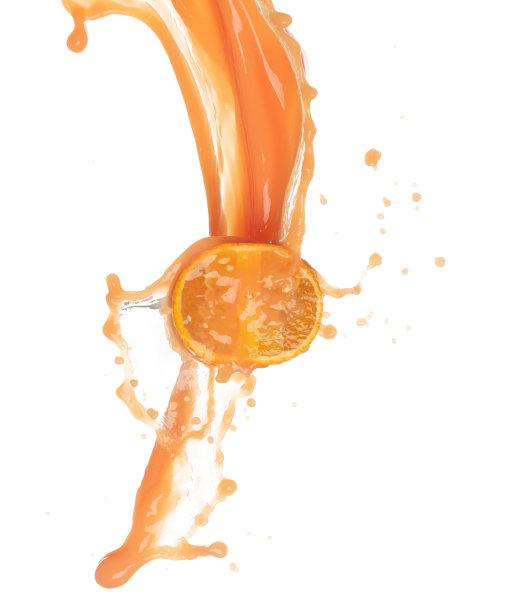 橙汁倒在形状的线。橙汁饱满的果实撞在空中扑腾爆炸，液态水飞溅飞溅像爆炸液滴。白色背景隔离，停止运动冻结图片下载