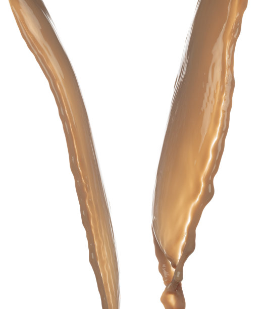 奶茶倒下来，形状呈直线。牛奶冰咖啡溅落成滴，巧克力可可攻击飘动爆炸在空气中。白色背景隔离，定格静止镜头。图片下载