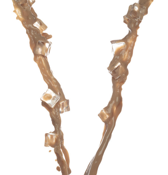 奶茶秋冰块凉倒在造型线上。牛奶冰咖啡飞溅成滴滴，巧克力可可攻击飘飘爆炸在空气中。白色背景隔离，停止运动冻结图片下载