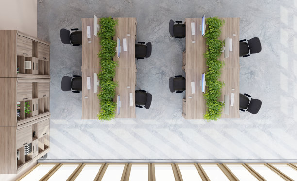 3D办公室内饰，工作场所，电脑，桌子和橱柜。员工休闲区俯视图图片下载