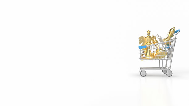 在白色背景3d渲染购物车的黄金象棋图片下载