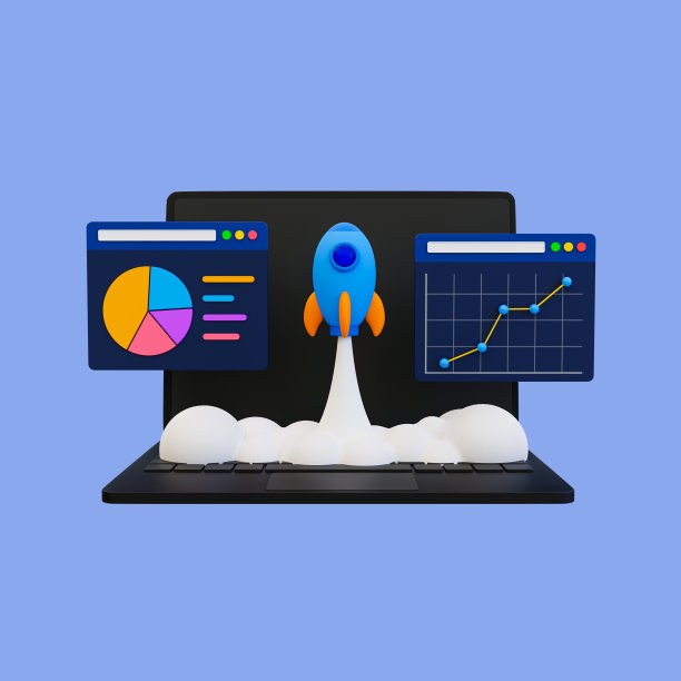 3d最小业务启动概念。任务开始。业务分析。营销数据分析。有火箭发射和统计数据的笔记本电脑。3 d演示。包括裁剪路径。图片下载