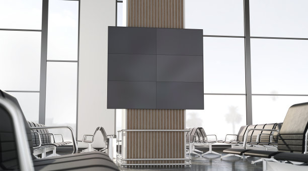 空白黑色led显示屏在机场休息室的模型，正面视图图片下载