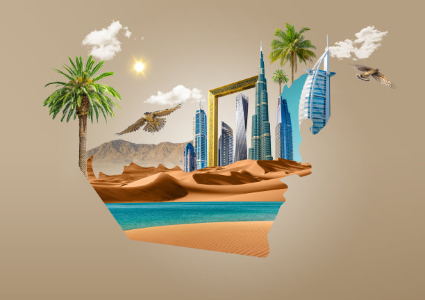 阿联酋地图与天际线和景观，迪拜建筑3d插图，阿拉伯文化。背景上孤立的棕榈树。旅游横幅设计。图片下载