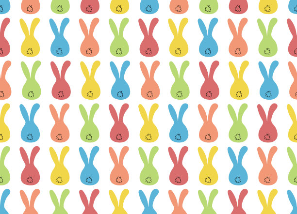 彩色兔子坐在白色的背景上。无缝模式复活节兔子。兔子耳朵和尾巴。图片下载