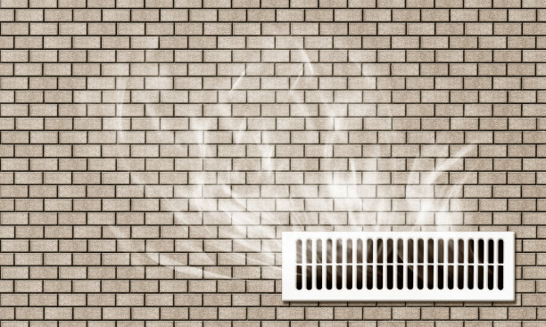 砖墙上通风烤架产生的烟或蒸汽。图片下载