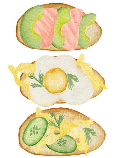 水彩画早餐食物集合，各种吐司孤立在白色背景上。图片下载