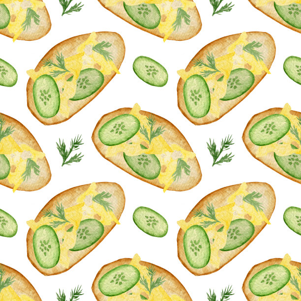 水彩无缝图案的早餐吐司，欧芹叶和黄瓜片在白色的背景。图片下载